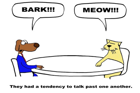Dog  barking and cat meowing at a table