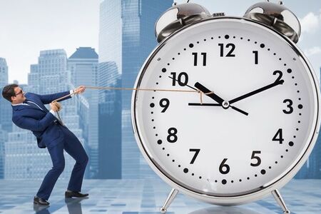 Man with clock struggling