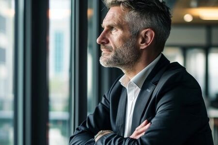 Confident businessman in a suit reflecting while looking out of an office window, symbolizing leadership vision, strategy, and executive growth.