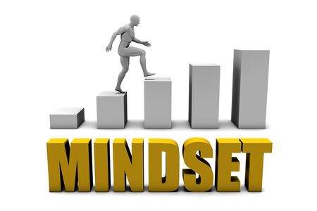 3D illustration of a figure climbing ascending bar graph steps with bold golden text "Mindset," symbolizing growth, success, and personal development.