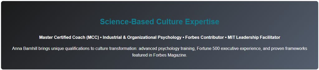 Graphic titled ‘Science-Based Culture Expertise’ highlighting Anna Barnhill’s qualifications as a Master Certified Coach, industrial and organizational psychology expert, Forbes contributor, and MIT leadership facilitator, with Fortune 500 executive experience and frameworks featured in Forbes.